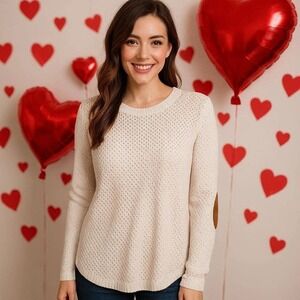 Lety & Me Women's Pullover Sweater Off-white Honeycomb Knit Elbow Patches XL